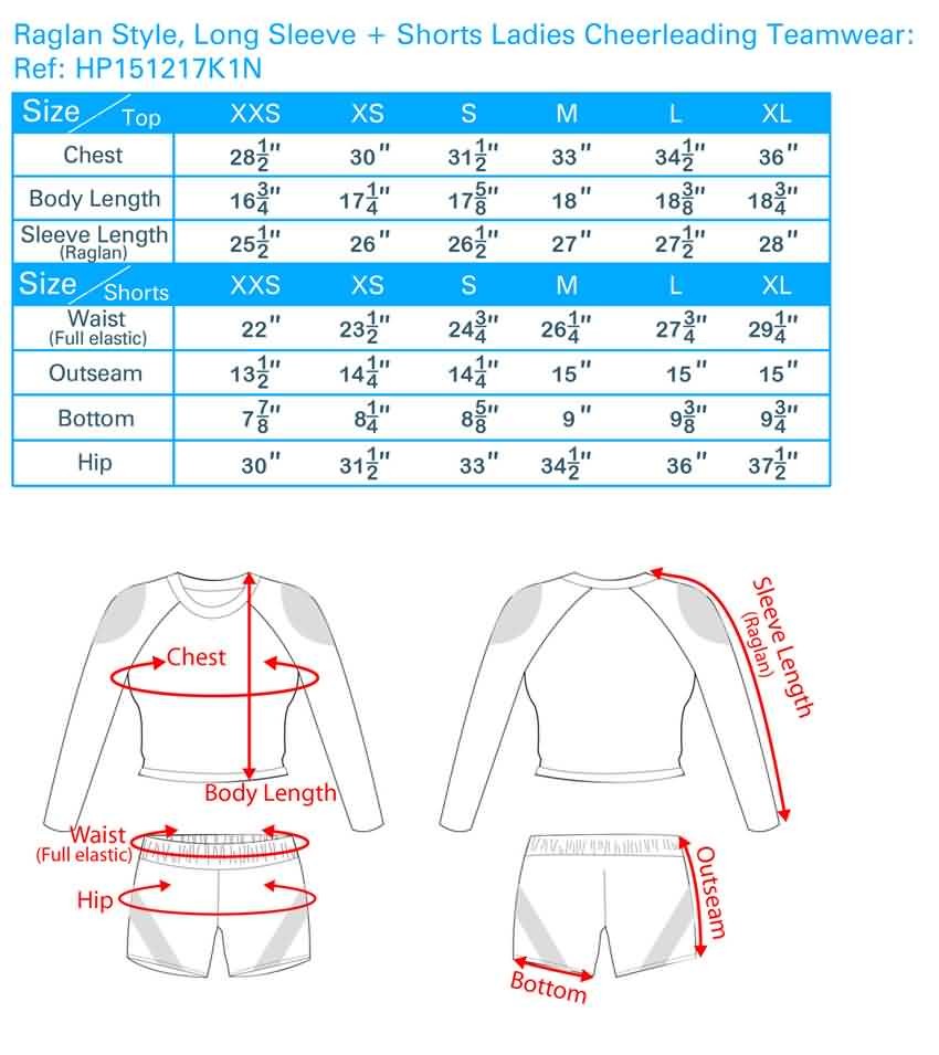 Raglan Style,Long Sleeve+Shorts Ladies Cheerleading  Teamwear