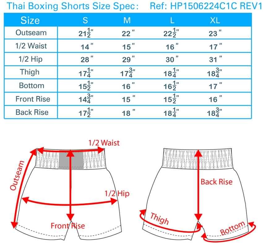 Thai Boxing Shorts Size Spec