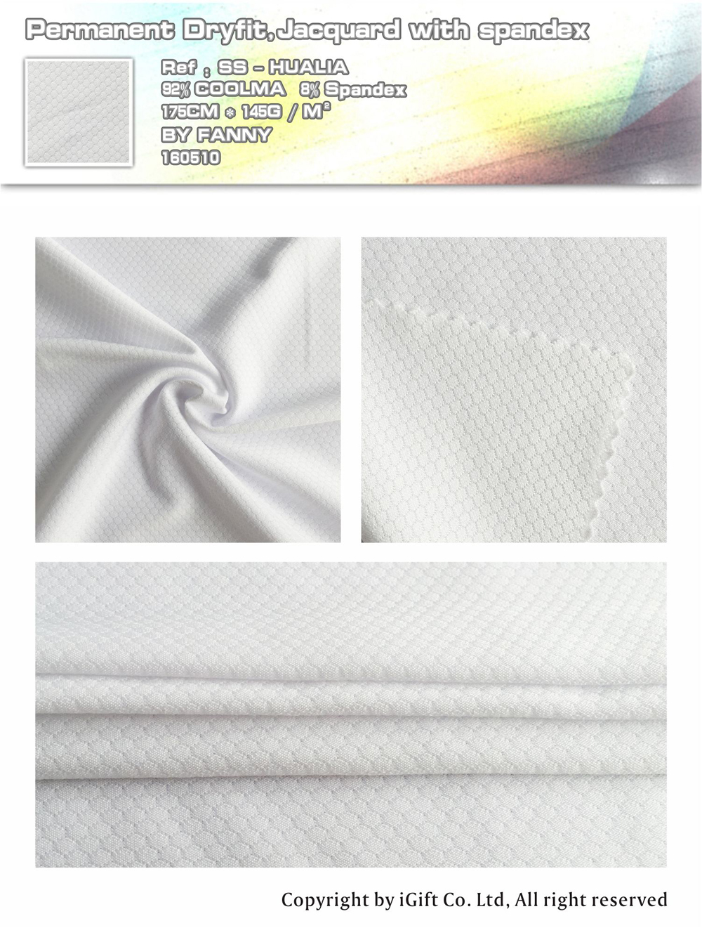 Permanent Dryfit,Jacquard with spandex Ref:SS-HUALIA 92% COOLMA 8%Spandex 175CM*145G/M² BY FANNY 160510