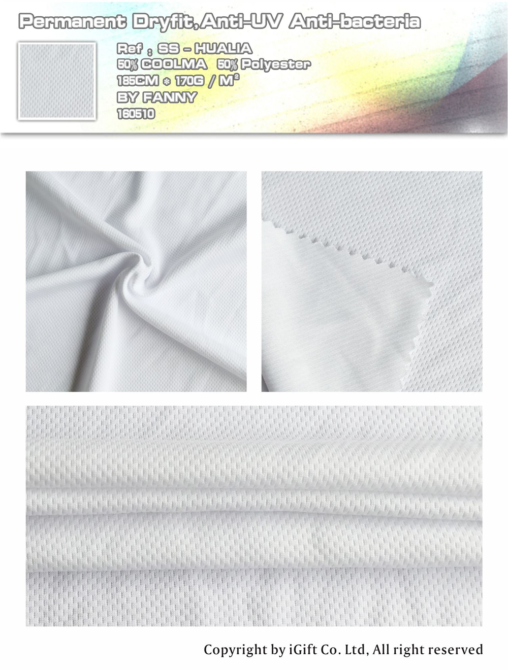 Permanent Dryfit,Anti-UV Anit-bacteria Ref:SS-HUALIA 50% COOLMA 50%Polyester 185CM*170G/M² BY FANNY 160510