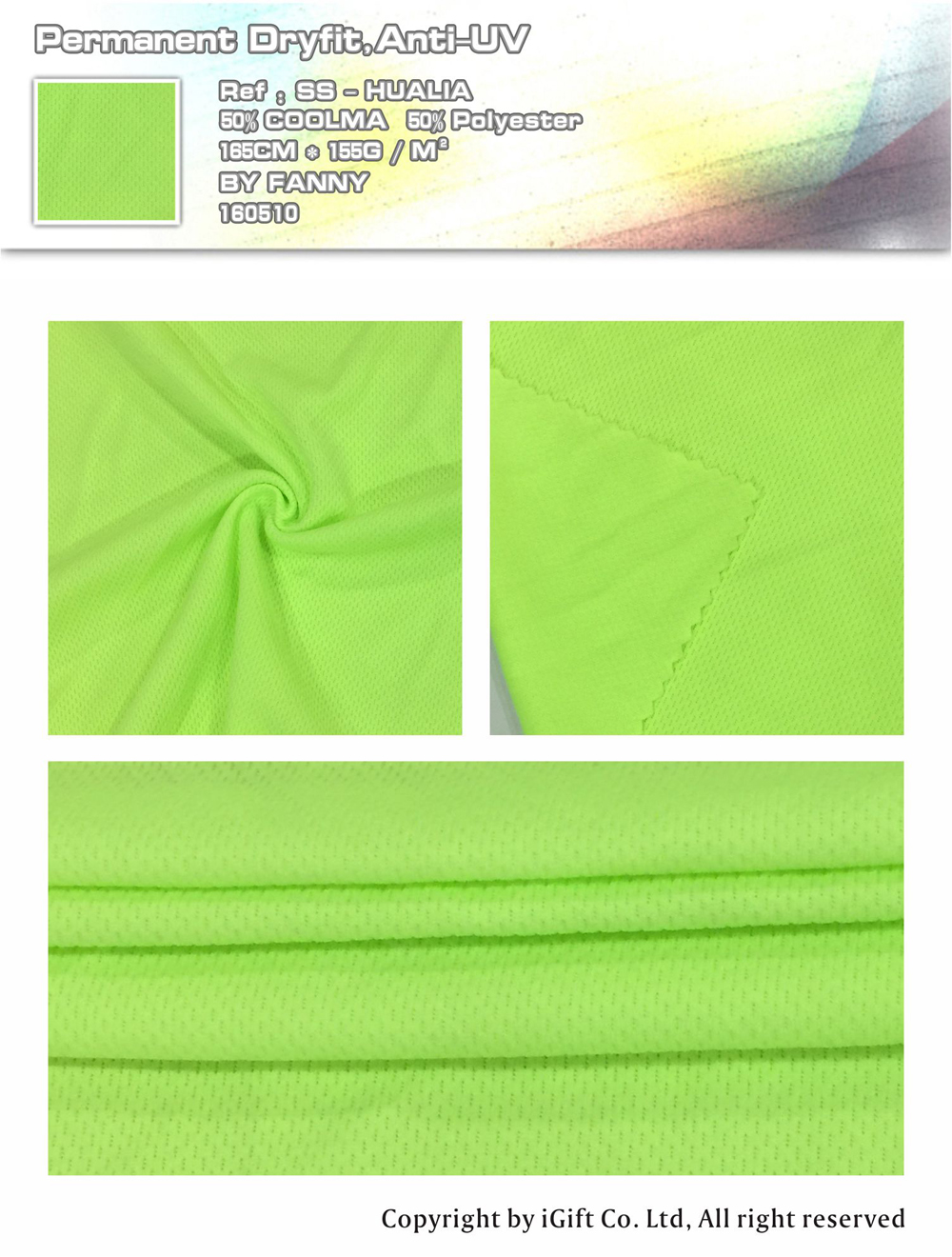 Permanent Dryfit,Anit-UV Ref:SS-HUALIA 50% COOLMA 50%Polyester 165CM*155G/M² BY FANNY 160510