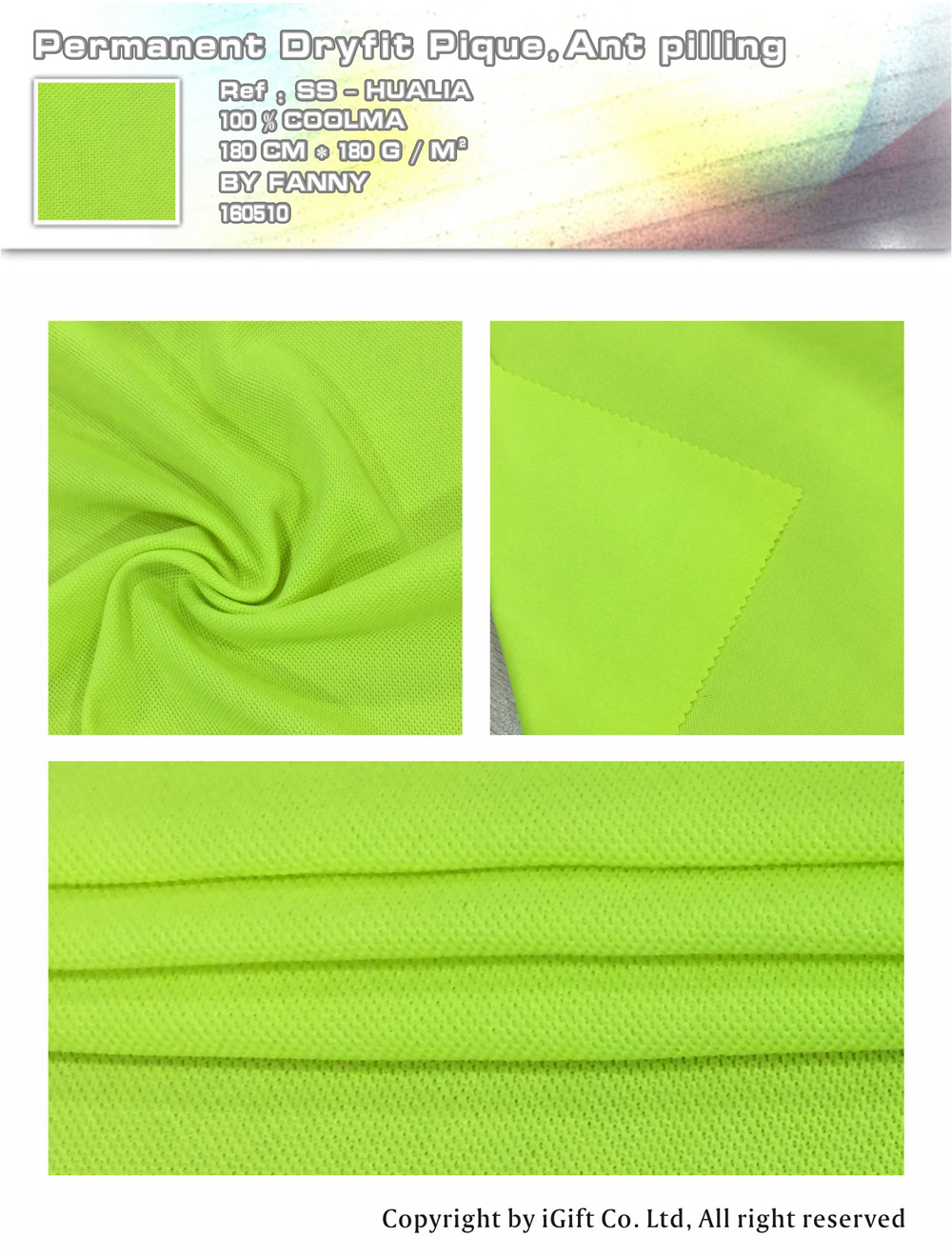 Permanent Dryfit Pique,Ant pilling Ref:SS-HUALIA 100% COOLMA 180CM*180G/M² BY FANNY 160510