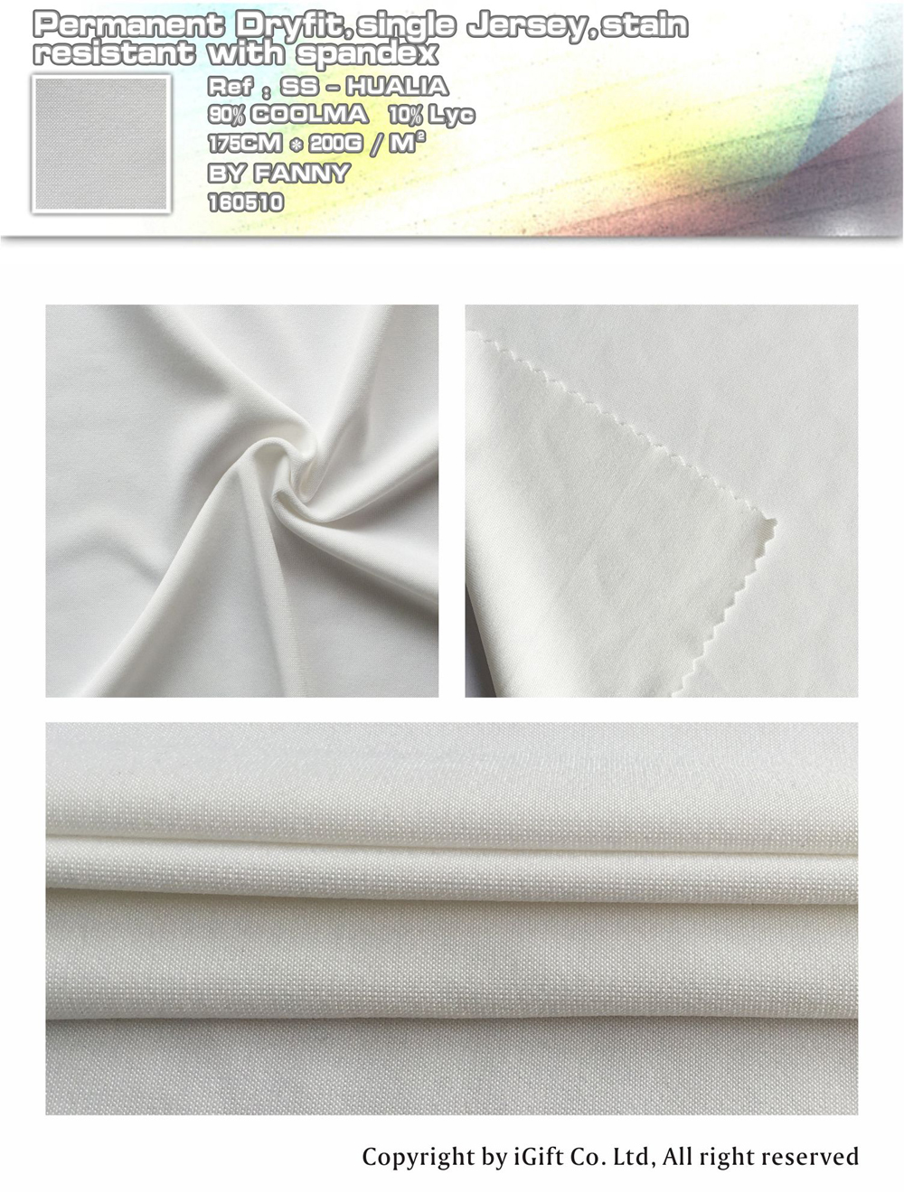 Permanent Dryfit,single Jersey,Stain resistant with spandex Ref:SS-HUALIA 90% COOLMA 10%Lyc 175CM*200G/M² BY FANNY 160510