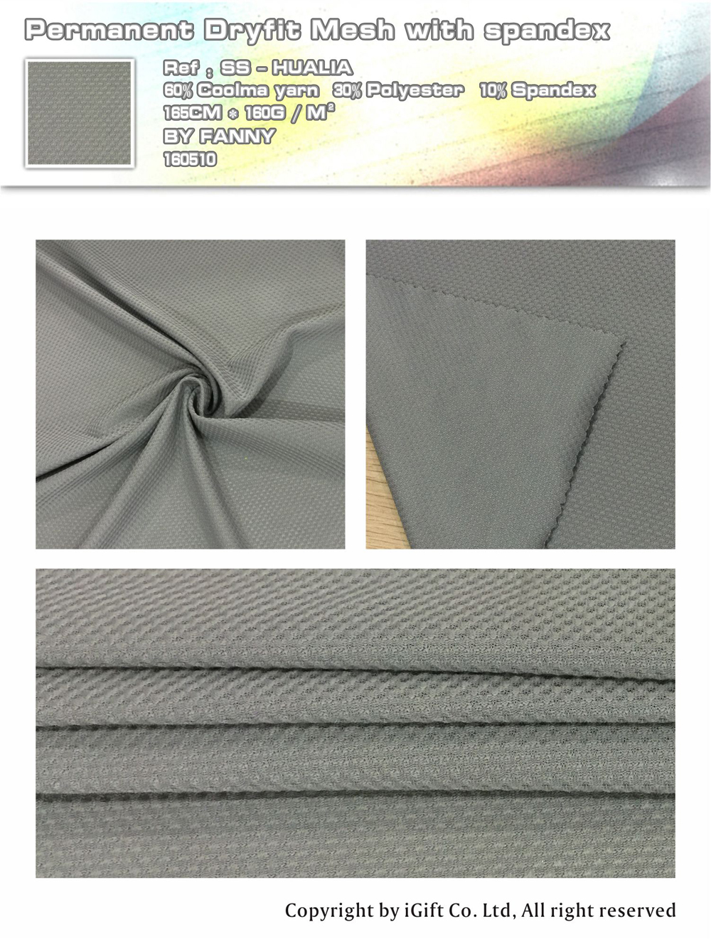 Permanent Dryfit Mesh with spandex Ref:SS-HUALIA 60% Coolma yarn 30%Polyester 10%Spandex 165CM*160G/M² BY FANNY 160510