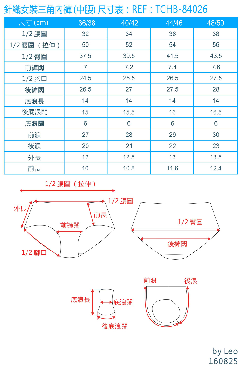 针织女装三角内裤(中腰)尺寸表:ref:tchb-84026