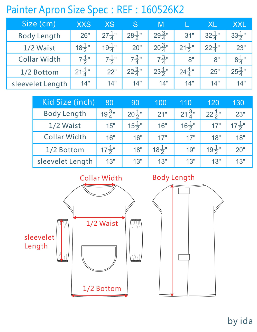 apron size chart, apron size dimensions, half apron size, children's