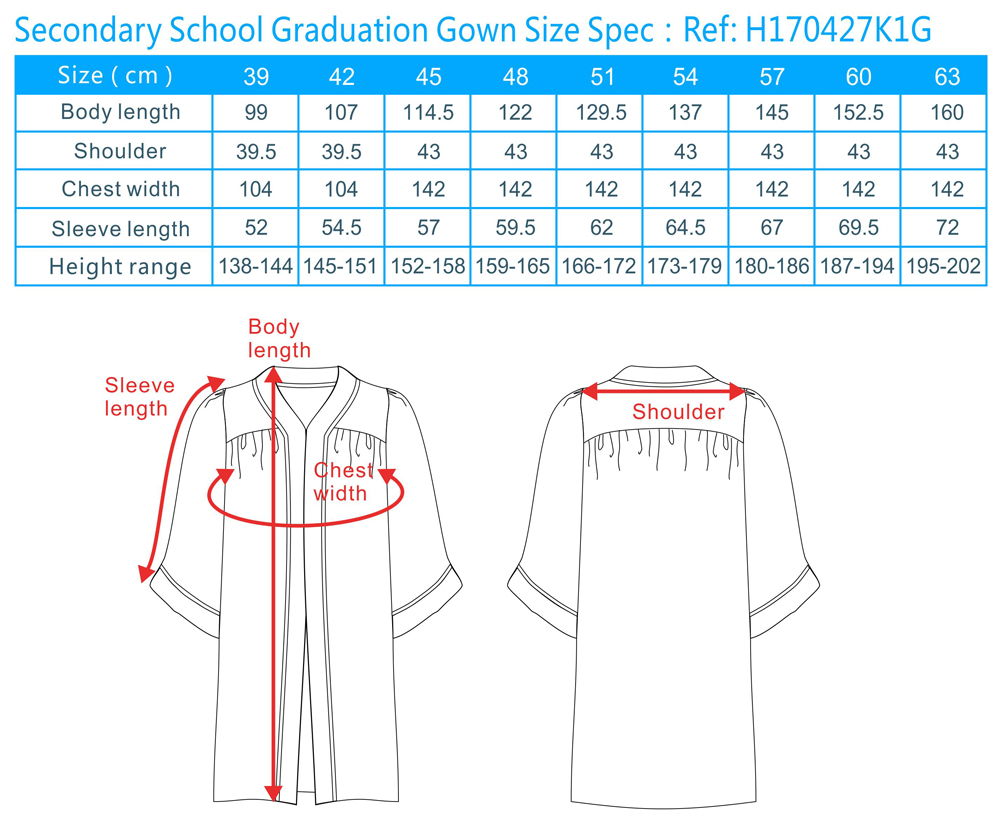 graduation gown size guide, college graduation gown sizes, choir gowns ...