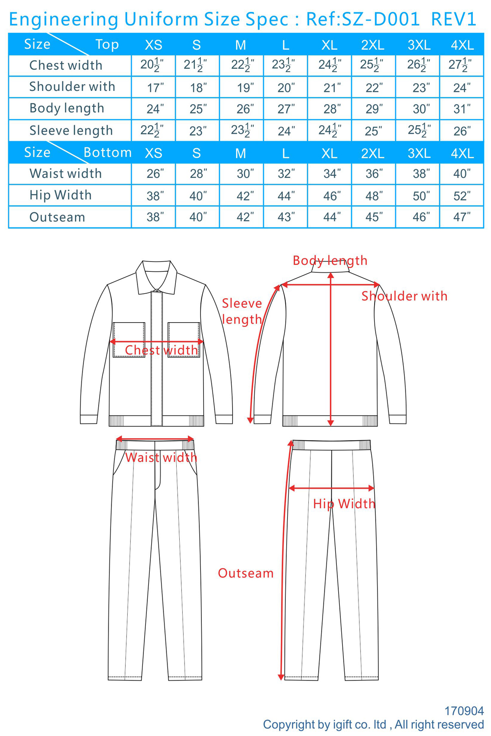 workwear size chart, engineer uniforms size guide, workwear uniform ...