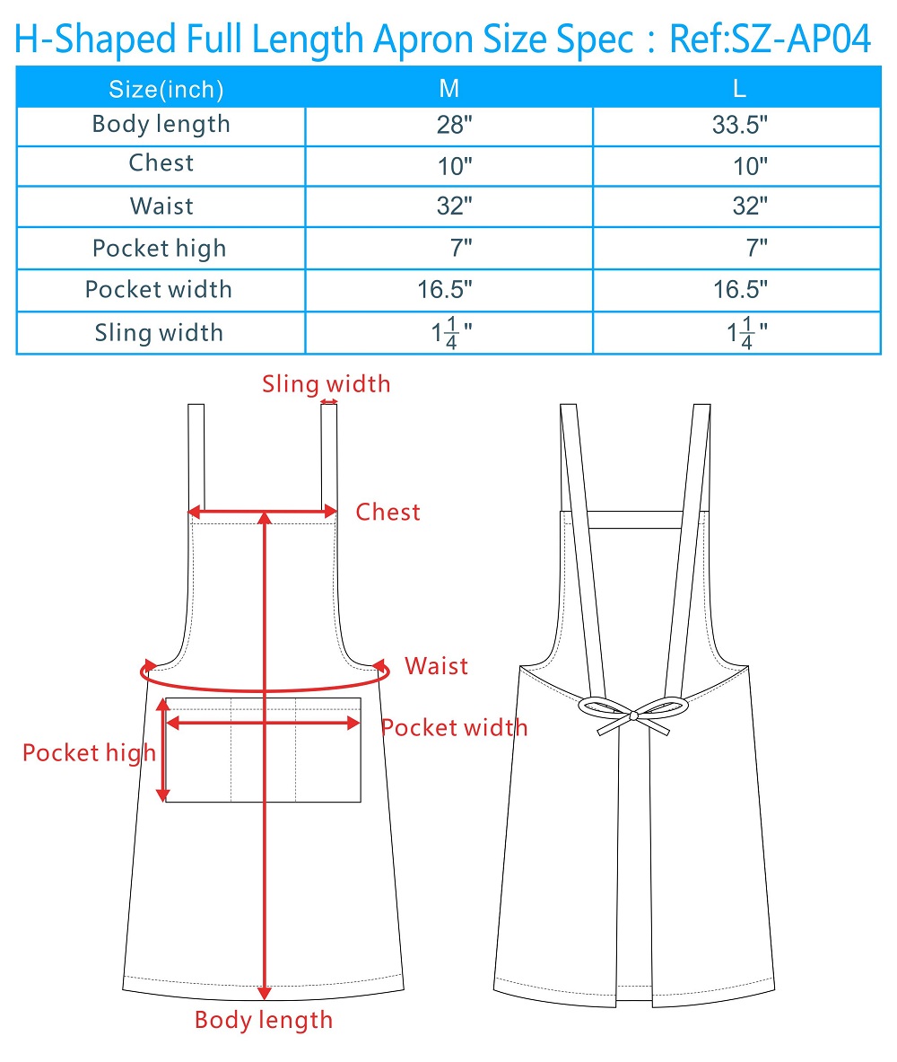 apron size chart, apron size dimensions, half apron size, children's