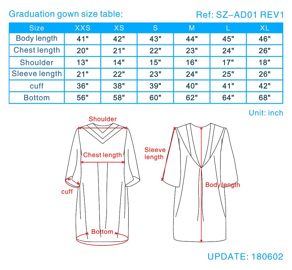 graduation gown size guide, college graduation gown sizes, choir gowns ...