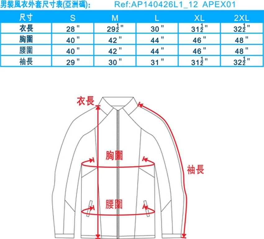 男裝風衣外套尺寸表(亞洲碼)