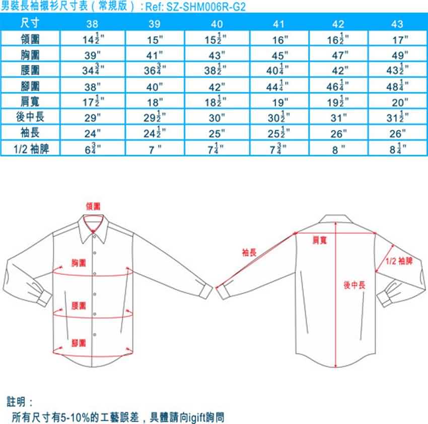 男裝長袖襯衫尺寸表(常規版)