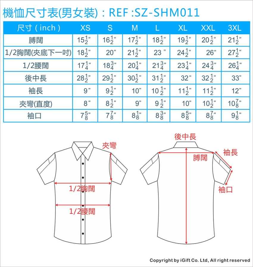 機恤尺寸表(男女裝)
