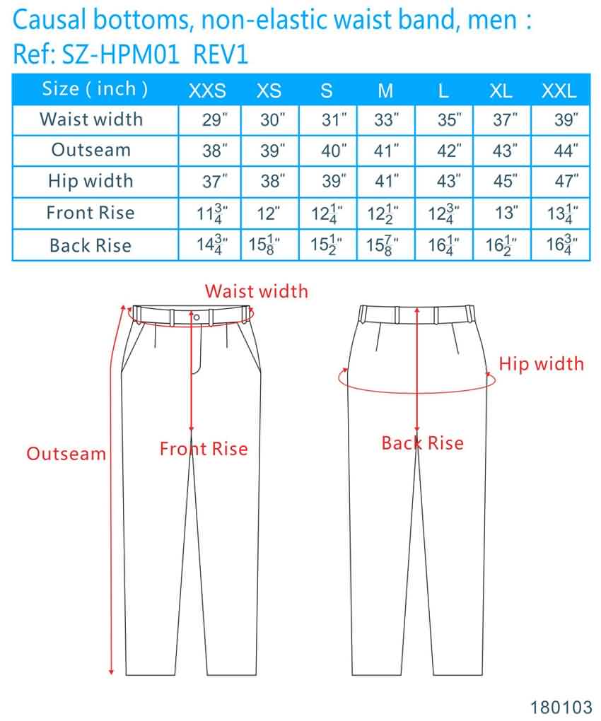 Mens Pant Sizes Chart