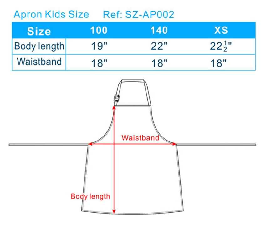 apron size chart, apron size dimensions, half apron size, children's