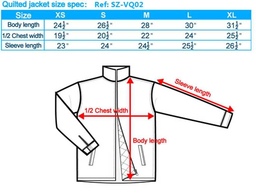 quilted jackets size guide, quilted jackets size spec., mens size down jackets, womens size down