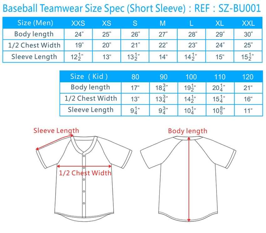 Baseball Uniform Size Chart