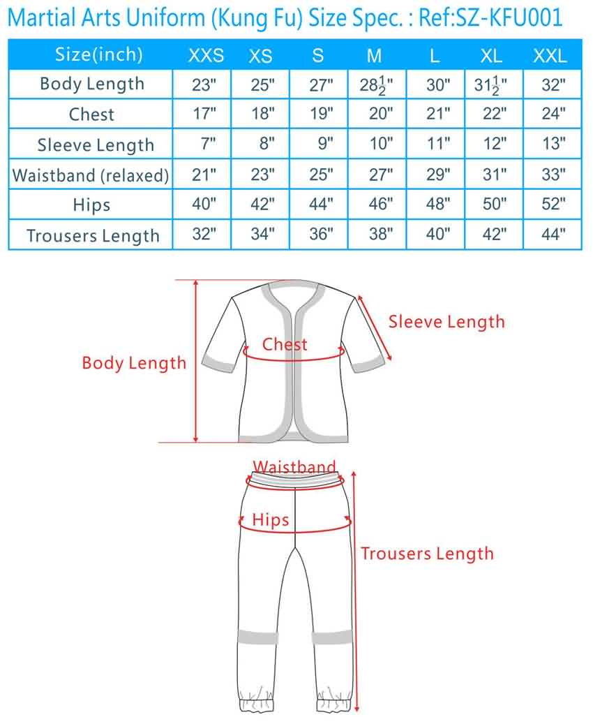 Martial Arts Pants Size Chart