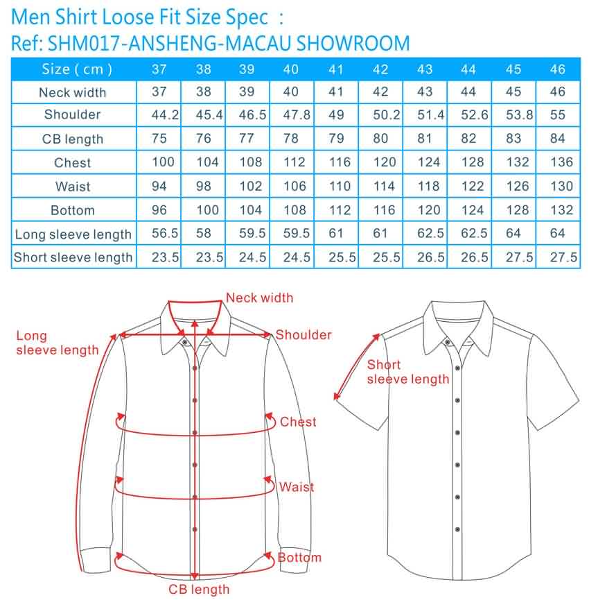 Mens Slim Fit Shirt Size Chart