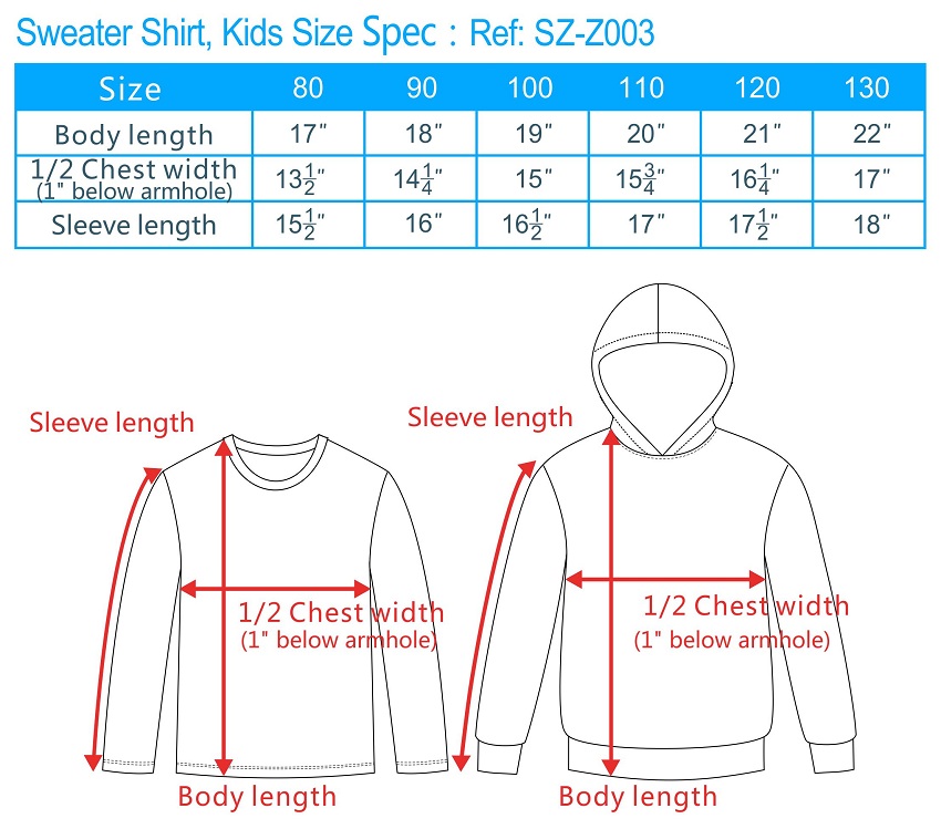 zip fleece jackets sizing, zip fleece hoodies size chart, sweatshirts size chart, crew neck