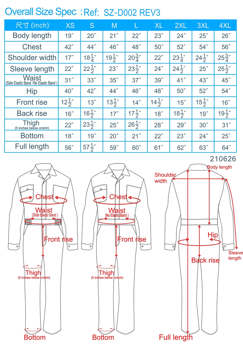 workwear size chart, engineer uniforms size guide, workwear uniform