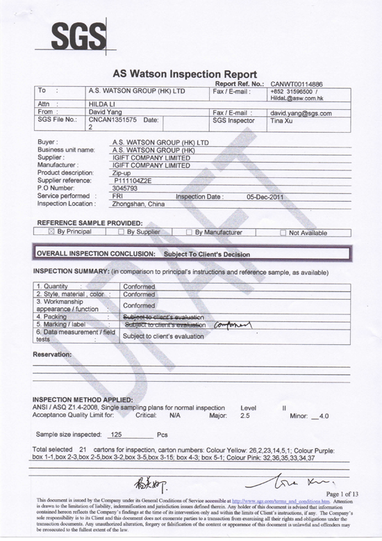 SGS AS Watson Apparel Quality Inspection Report Page 1 — iGift Industrial Uniform AQL Quality Control Certification