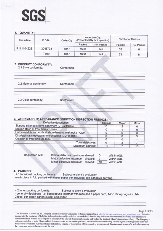 SGS AS Watson Apparel Quality Inspection Report Page 2 — iGift Industrial Uniform Test Results